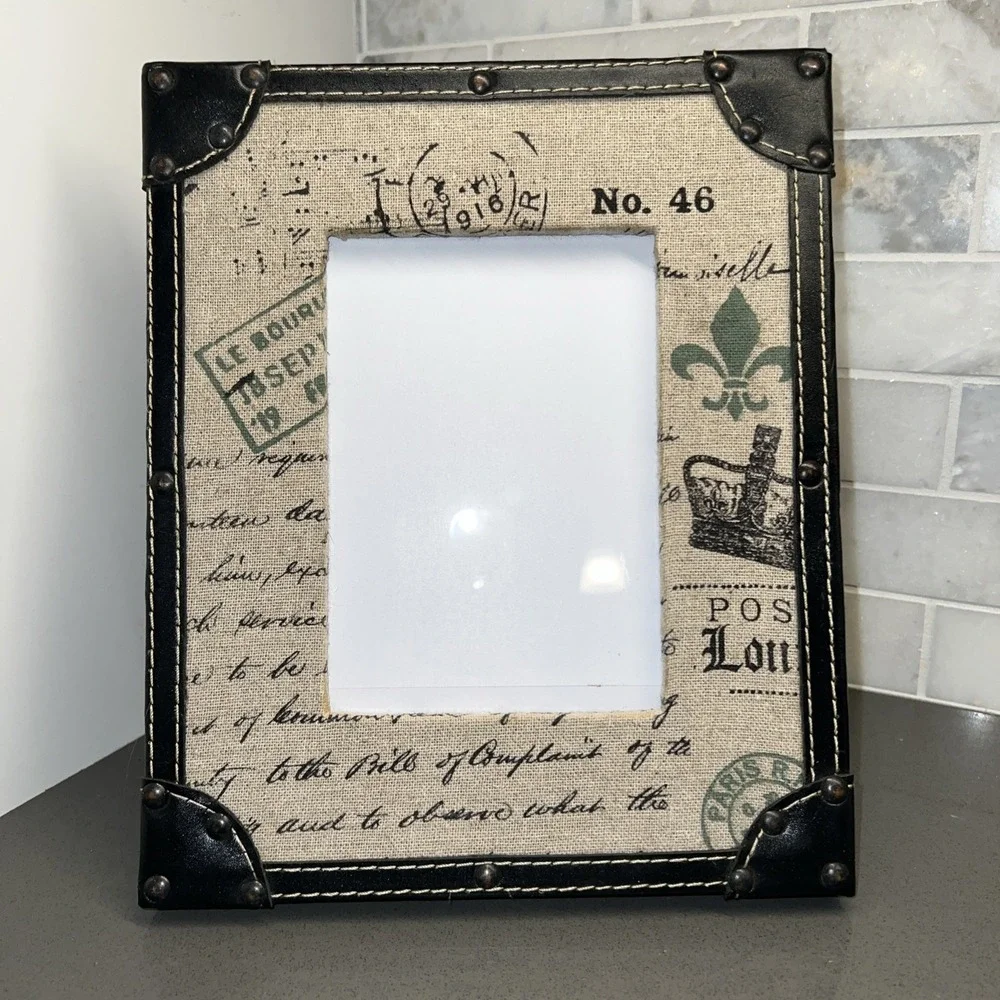 VINTAGE STYLE BROWN FAUX LEATHER FRAME W/ NAILHEAD TRIM & STAMPED CANVAS MAT 5X7